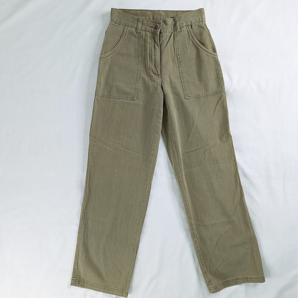 VTG Green Khaki Straight Leg Stripe Large Pocket Y2k Trousers Pants